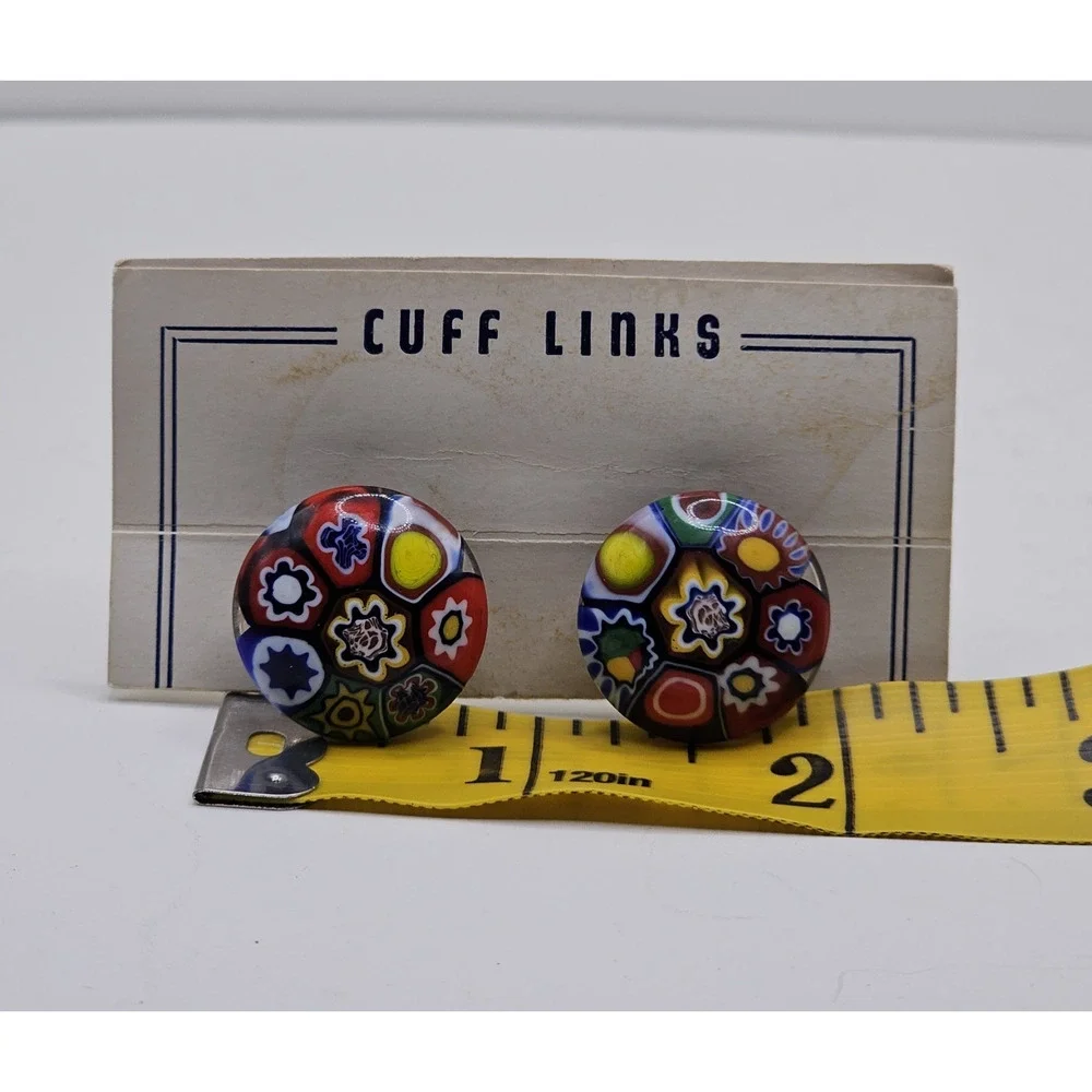 Vintage Murano Glass Color Splash Domed Millefiori Cufflinks New on Card